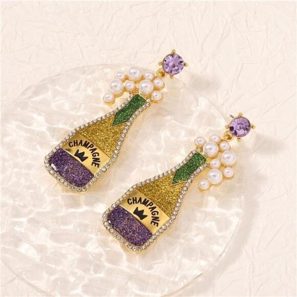 Champagne Bottle Earrings with Pearls - Picture 1 of 5